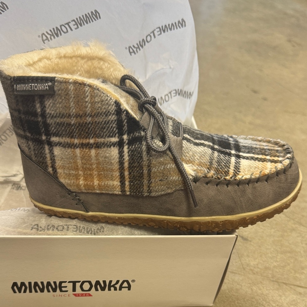 Minnetonka Plaid Moccasin Bootie - Gray, Tan & Cream